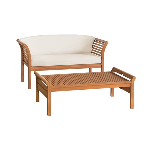 Stamford Eucalyptus Wood Outdoor Bench with Coffee Table, Set of 2, Alaterre Furniture, Mfr#: ANSF023EBO